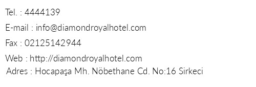 Diamond Royal Hotel telefon numaralar, faks, e-mail, posta adresi ve iletiim bilgileri